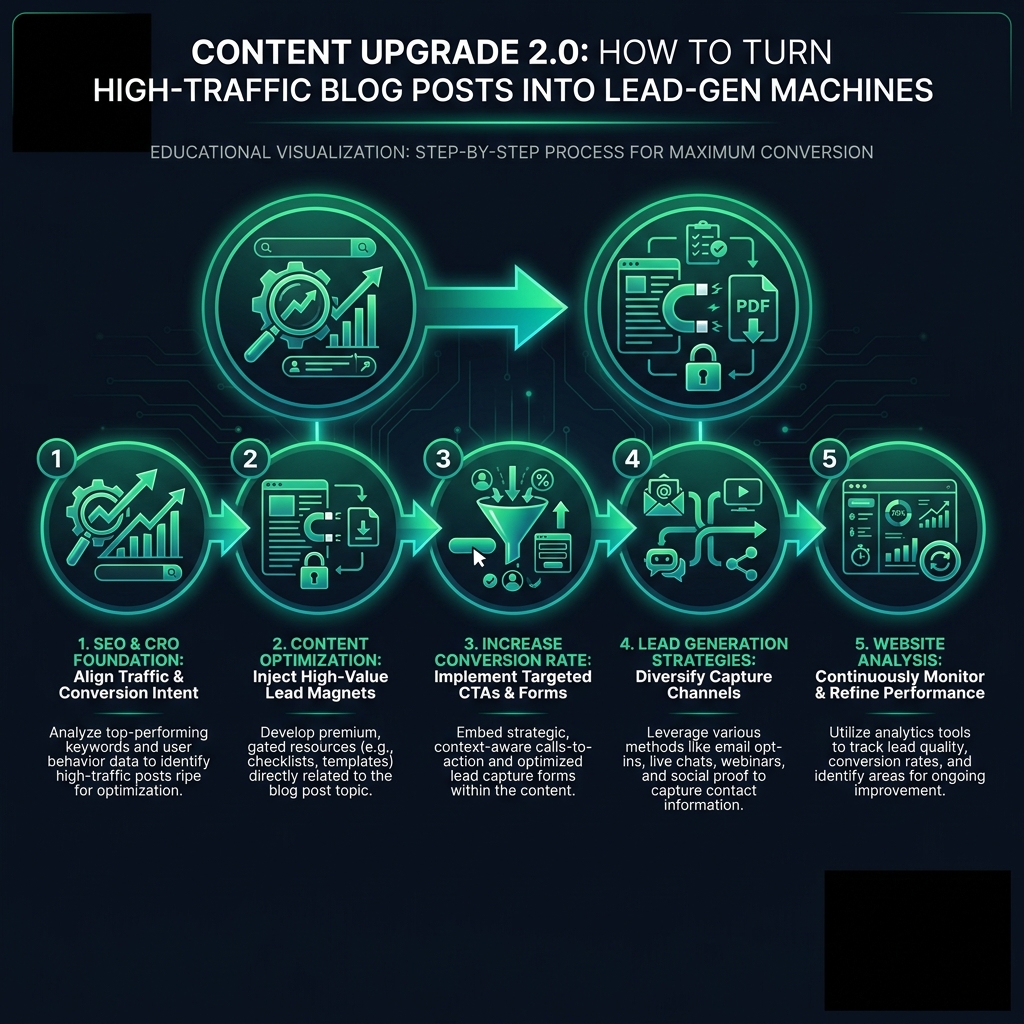 Content Upgrade 2.0: How to Turn High-Traffic Blog Posts Into Lead-Gen Machines infographic showing SEO CRO, content optimization for conversions, increase conversion rate for digital marketing