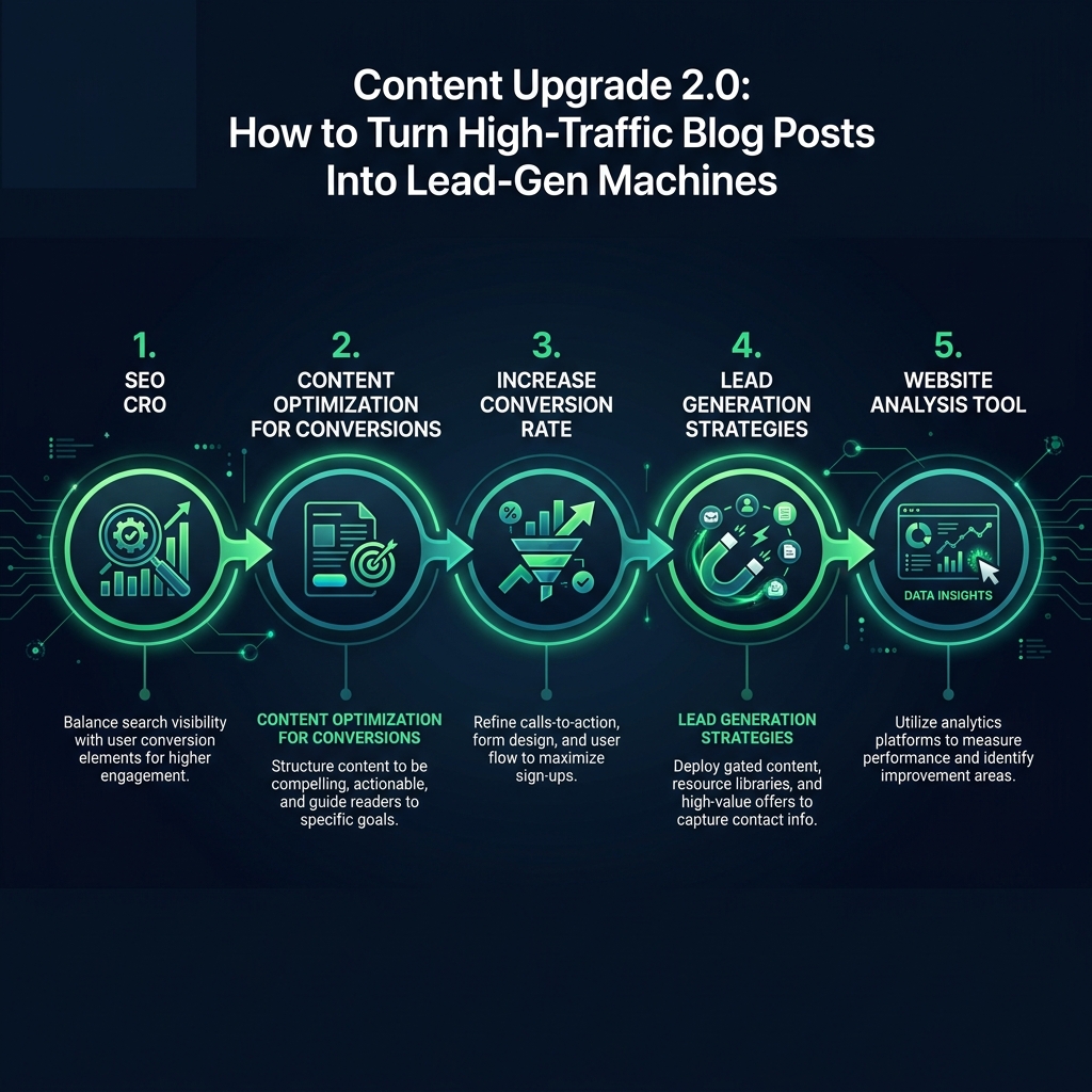 Content Upgrade 2.0: How to Turn High-Traffic Blog Posts Into Lead-Gen Machines infographic showing SEO CRO, content optimization for conversions, increase conversion rate for digital marketing