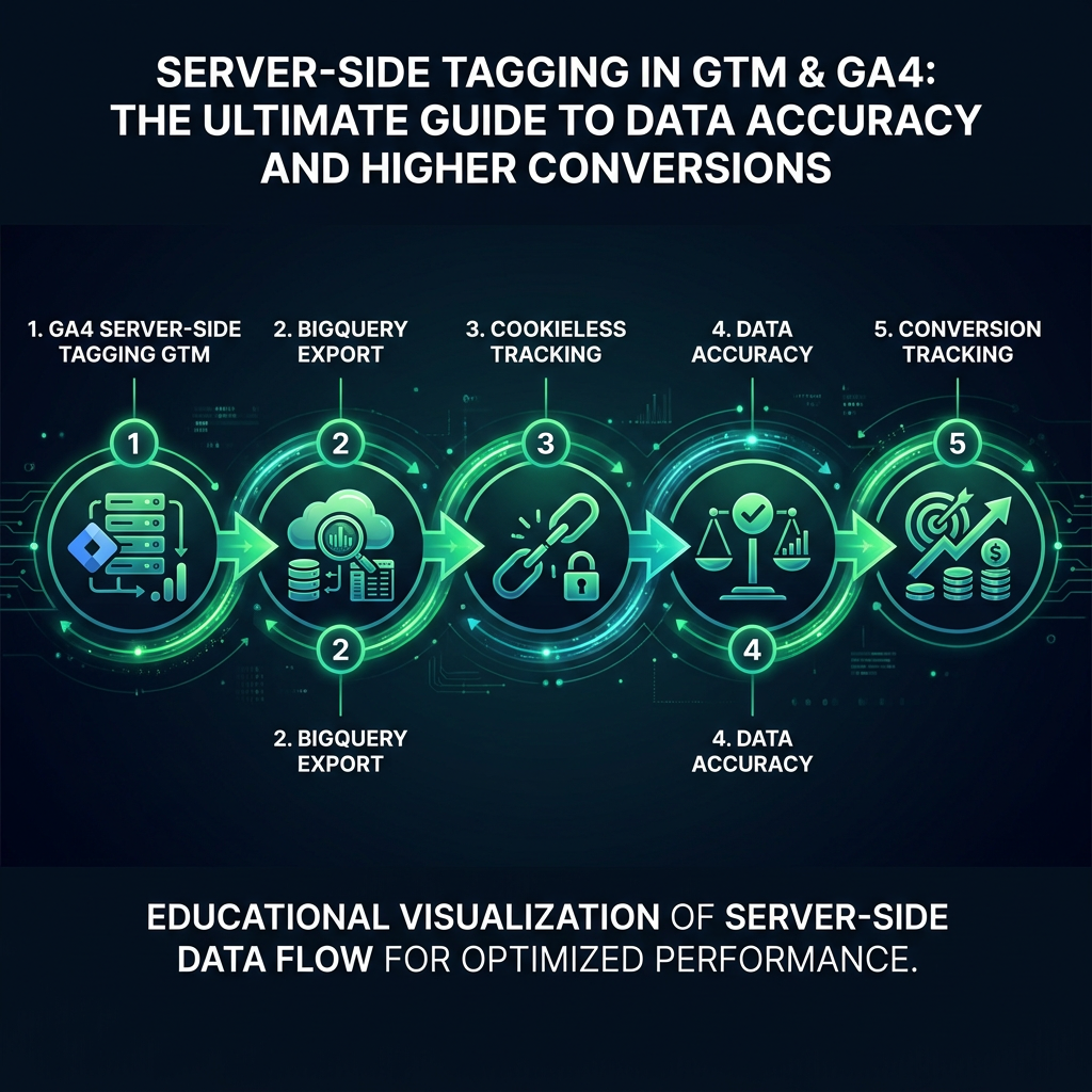 Server-Side Tagging in GTM & GA4: The Ultimate Guide to Data Accuracy and Higher Conversions infographic showing GA4 server-side tagging GTM, BigQuery export, cookieless tracking for digital marketing