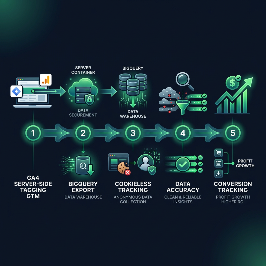 Server-Side Tagging in GTM & GA4: The Ultimate Guide to Data Accuracy and Higher Conversions infographic showing GA4 server-side tagging GTM, BigQuery export, cookieless tracking for digital marketing
