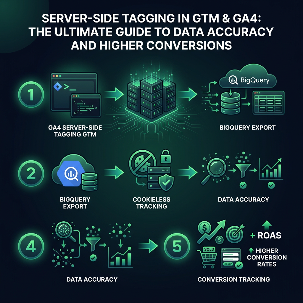 Server-Side Tagging in GTM & GA4: The Ultimate Guide to Data Accuracy and Higher Conversions infographic showing GA4 server-side tagging GTM, BigQuery export, cookieless tracking for digital marketing