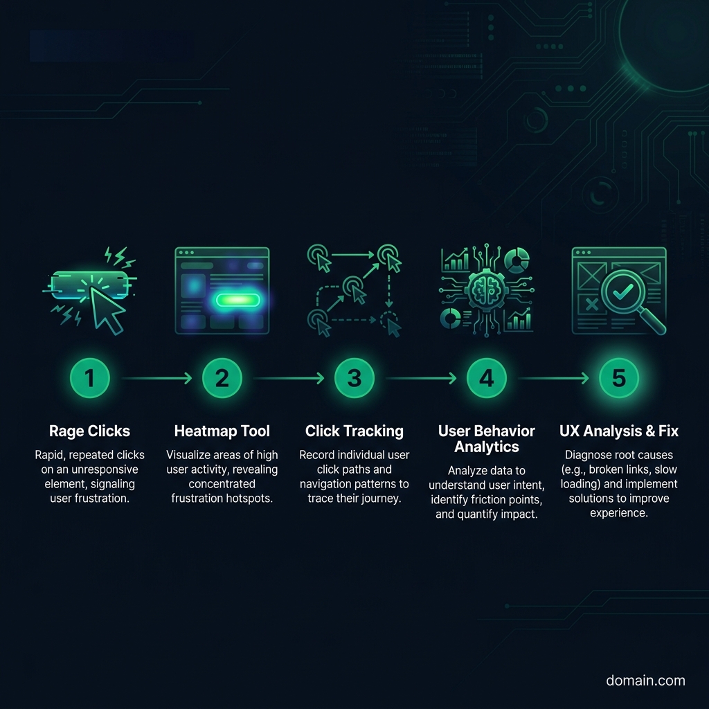 Rage Clicks: What Your Users' Frustrated Clicks Tell You (And How to Fix Them) infographic showing rage clicks, heatmap tool, click tracking for digital marketing
