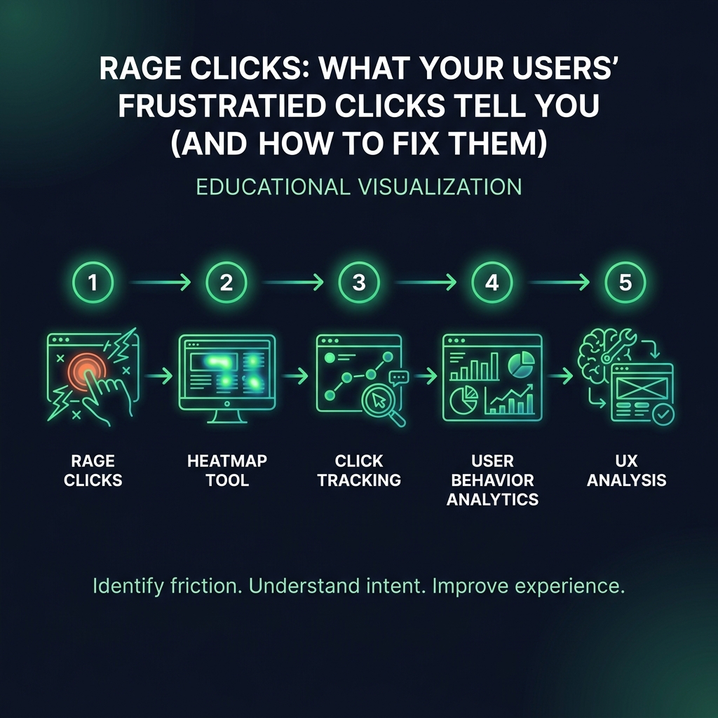 Rage Clicks: What Your Users' Frustrated Clicks Tell You (And How to Fix Them) infographic showing rage clicks, heatmap tool, click tracking for digital marketing