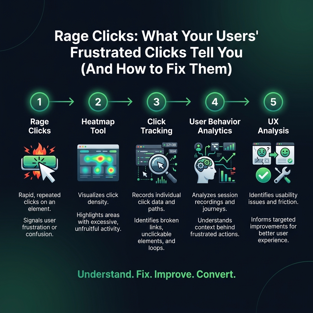 Rage Clicks: What Your Users' Frustrated Clicks Tell You (And How to Fix Them) infographic showing rage clicks, heatmap tool, click tracking for digital marketing