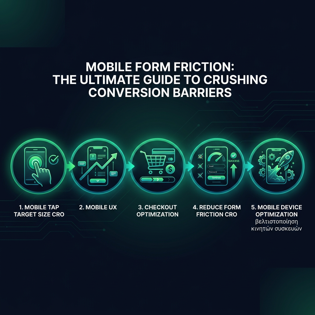 Mobile Form Friction: The Ultimate Guide to Crushing Conversion Barriers infographic showing mobile tap target size CRO, mobile UX, checkout optimization for digital marketing