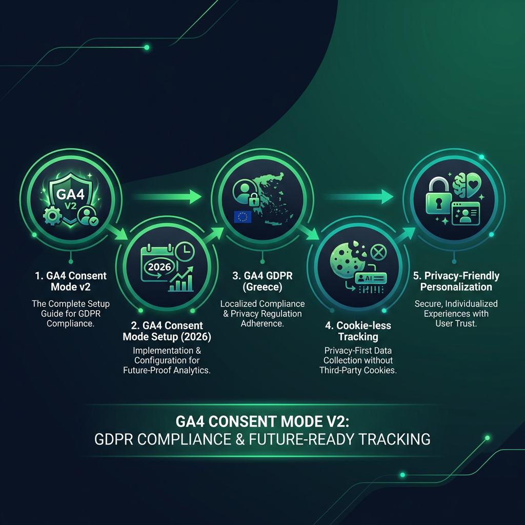 GA4 Consent Mode v2: The Complete Setup Guide for GDPR Compliance infographic showing GA4 consent mode v2, ρύθμιση consent mode GA4 2026, GA4 GDPR Ελλάδα for digital marketing