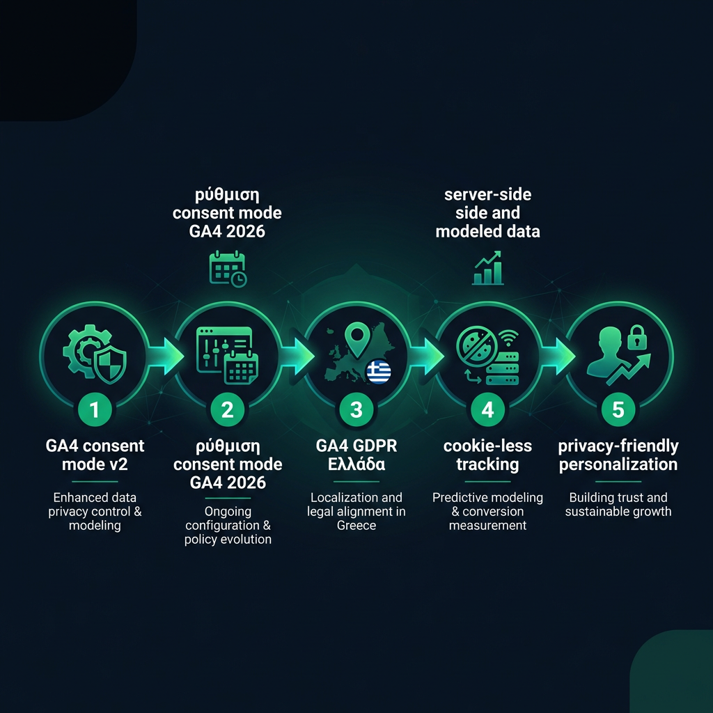 GA4 Consent Mode v2: The Complete Setup Guide for GDPR Compliance infographic showing GA4 consent mode v2, ρύθμιση consent mode GA4 2026, GA4 GDPR Ελλάδα for digital marketing
