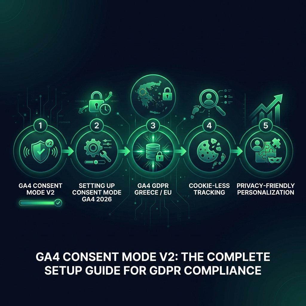 GA4 Consent Mode v2: The Complete Setup Guide for GDPR Compliance infographic showing GA4 consent mode v2, ρύθμιση consent mode GA4 2026, GA4 GDPR Ελλάδα for digital marketing