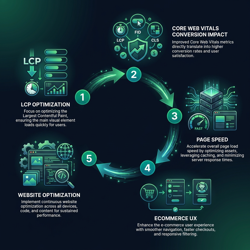 LCP Optimization for E-commerce: Crushing Site Speed and Boosting Conversions infographic showing LCP optimization, Core Web Vitals conversion impact, page speed for digital marketing