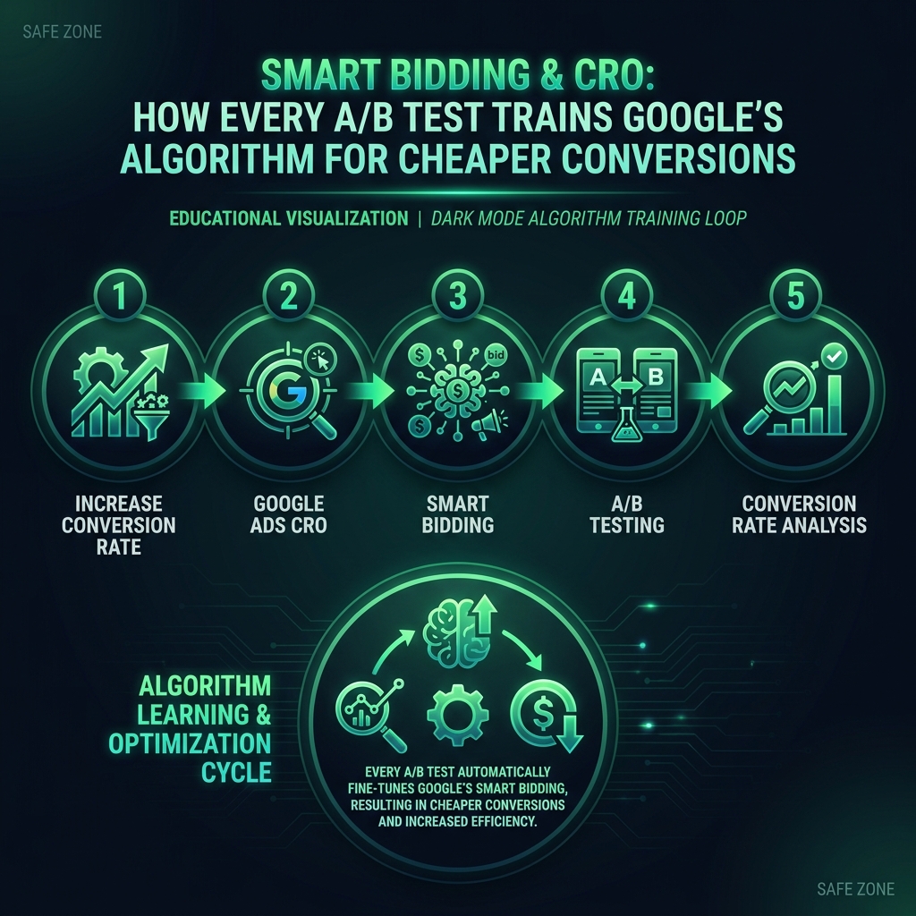 Smart Bidding & CRO: How Every A/B Test Trains Google's Algorithm for Cheaper Conversions infographic showing increase conversion rate, Google Ads CRO, Smart Bidding for digital marketing