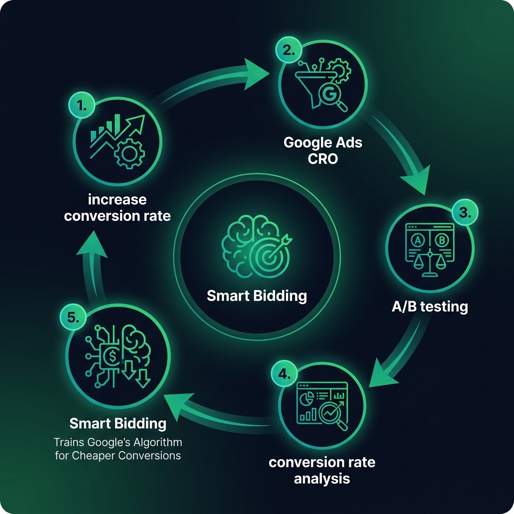 Smart Bidding & CRO: How Every A/B Test Trains Google's Algorithm for Cheaper Conversions infographic showing increase conversion rate, Google Ads CRO, Smart Bidding for digital marketing