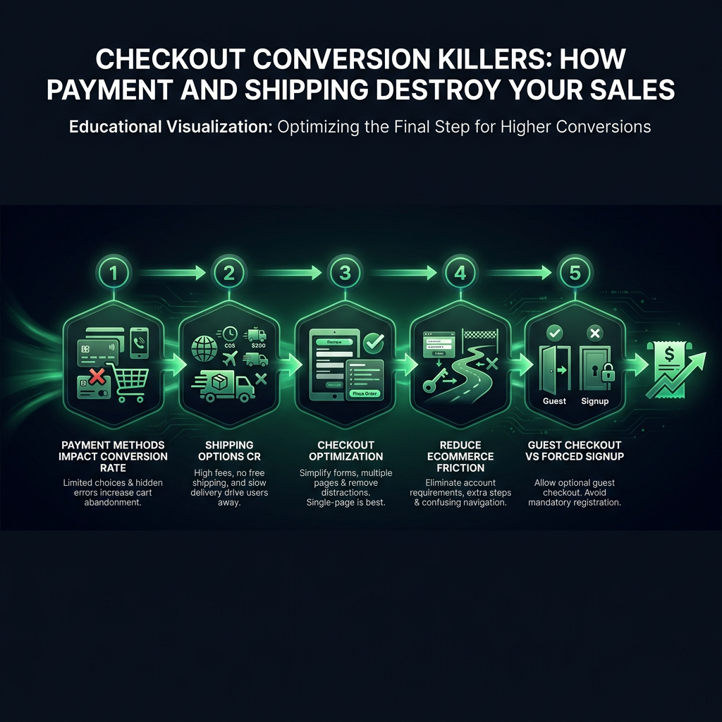 Checkout Conversion Killers: How Payment and Shipping Destroy Your Sales infographic showing payment methods impact conversion rate, shipping options CR, checkout optimization for digital marketing