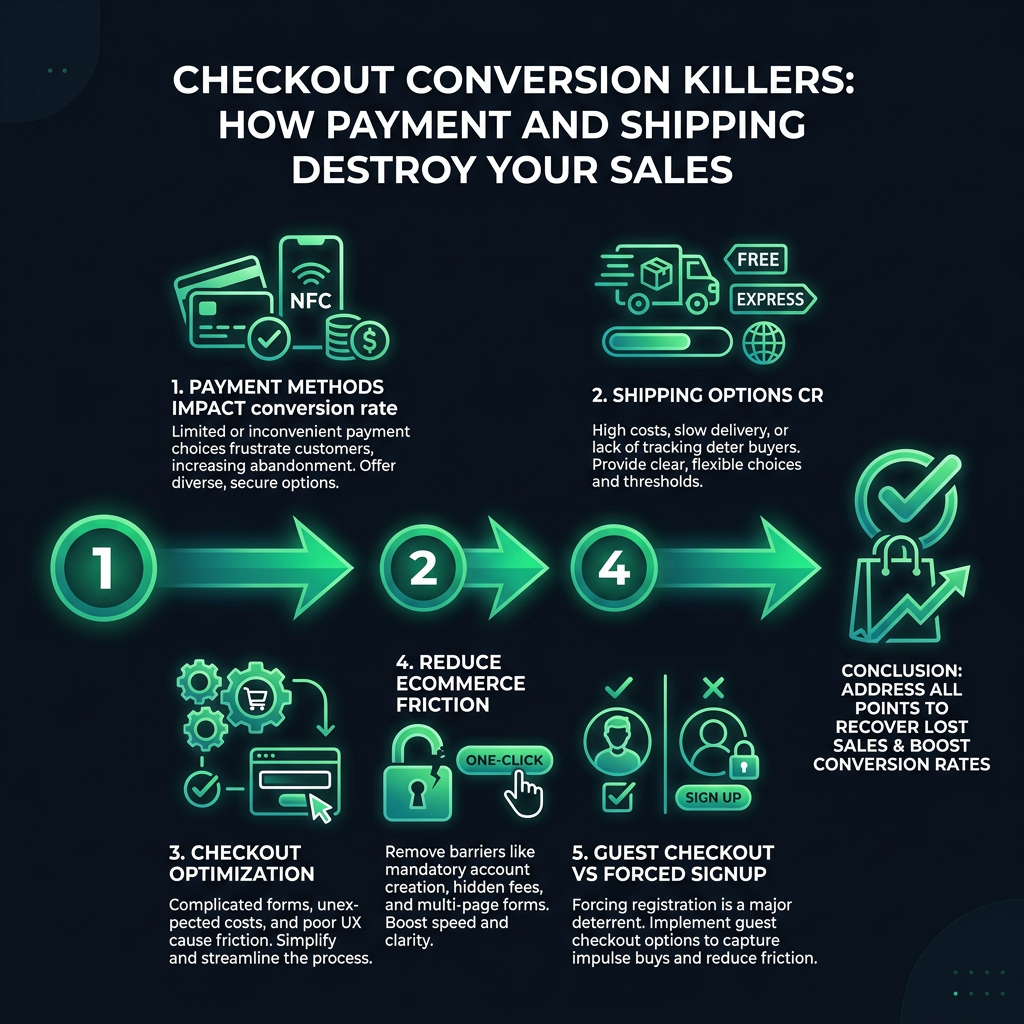 Checkout Conversion Killers: How Payment and Shipping Destroy Your Sales infographic showing payment methods impact conversion rate, shipping options CR, checkout optimization for digital marketing