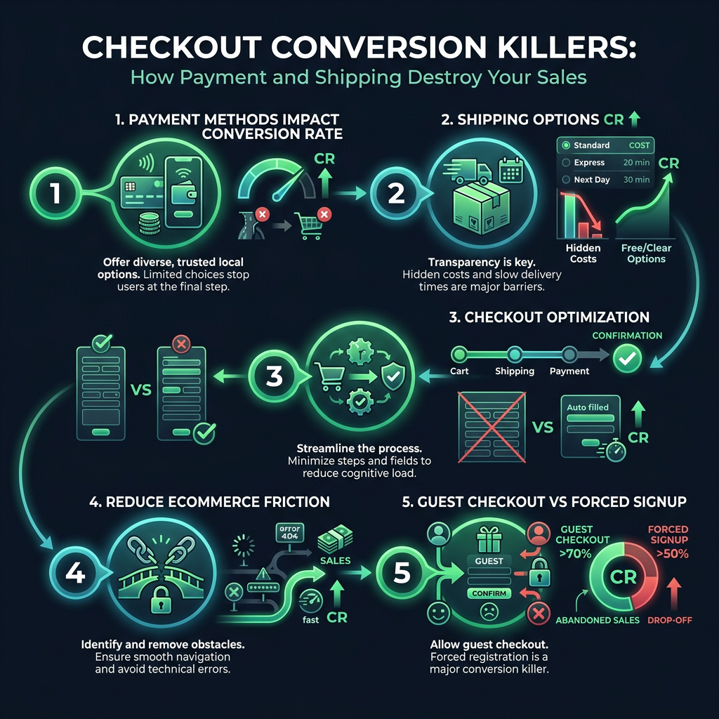 Checkout Conversion Killers: How Payment and Shipping Destroy Your Sales infographic showing payment methods impact conversion rate, shipping options CR, checkout optimization for digital marketing