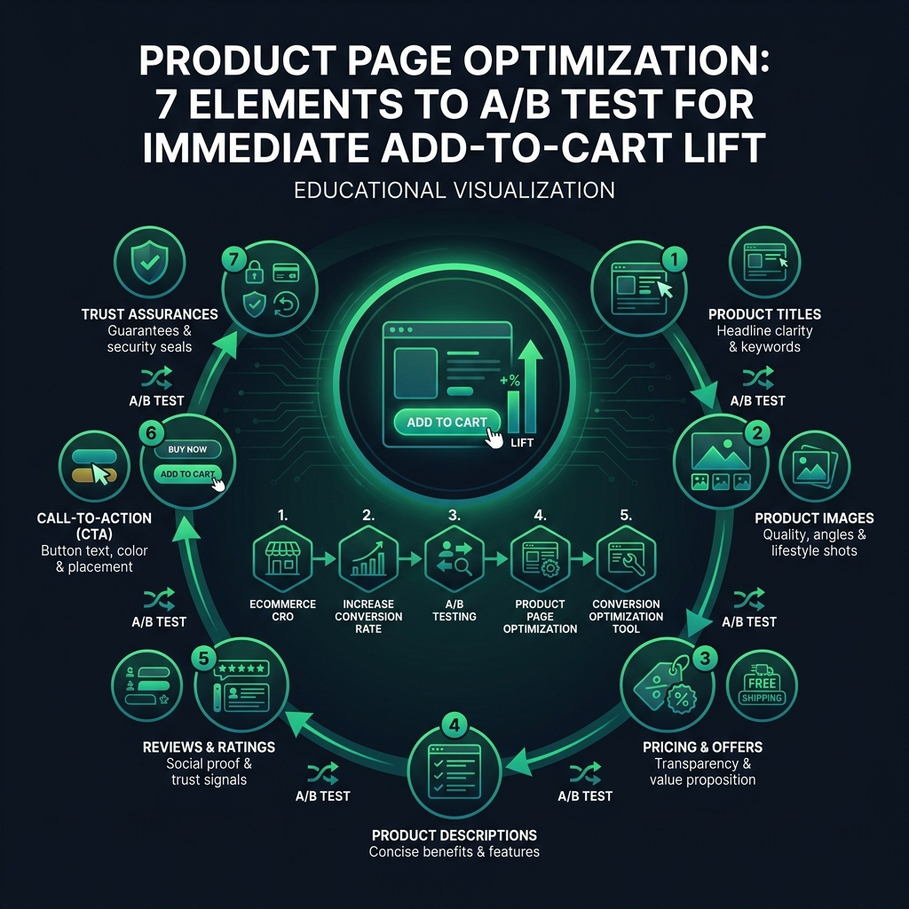 Product Page Optimization: 7 Elements to A/B Test for Immediate Add-to-Cart Lift infographic showing ecommerce CRO, increase conversion rate, A/B testing for digital marketing