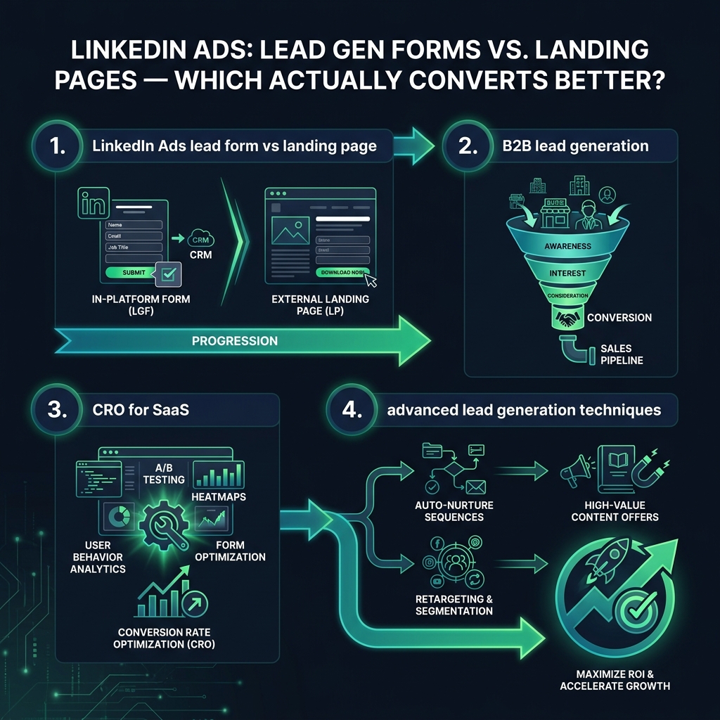 LinkedIn Ads: Lead Gen Forms vs. Landing Pages — Which Actually Converts Better? infographic showing LinkedIn Ads lead form vs landing page, B2B lead generation, CRO for SaaS for digital marketing