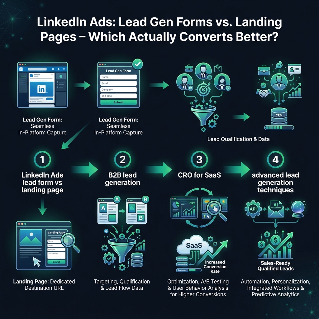 LinkedIn Ads: Lead Gen Forms vs. Landing Pages — Which Actually Converts Better? infographic showing LinkedIn Ads lead form vs landing page, B2B lead generation, CRO for SaaS for digital marketing