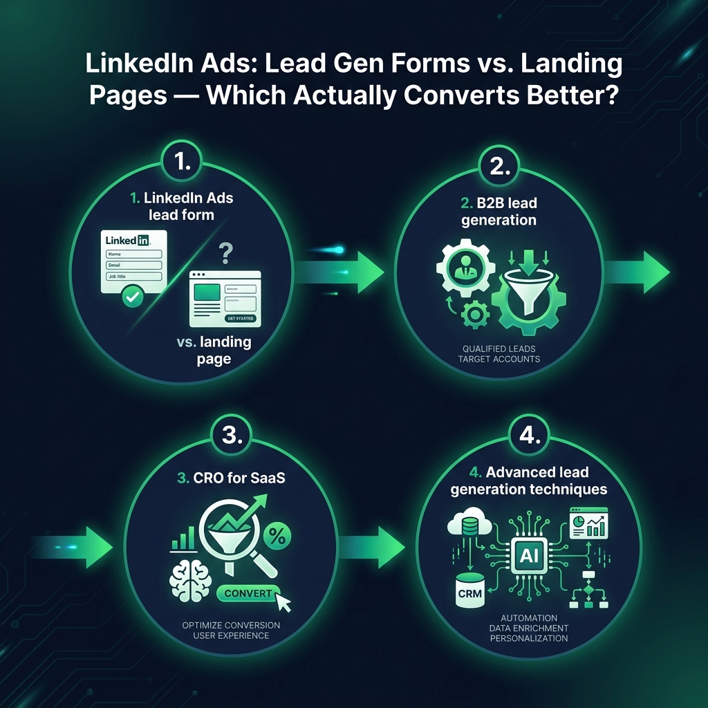 LinkedIn Ads: Lead Gen Forms vs. Landing Pages — Which Actually Converts Better? infographic showing LinkedIn Ads lead form vs landing page, B2B lead generation, CRO for SaaS for digital marketing
