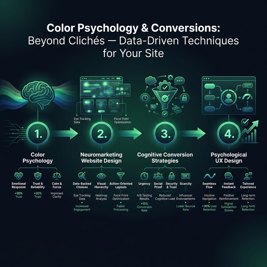 Color Psychology & Conversions: Beyond Clichés — Data-Driven Techniques for Your Site infographic showing color psychology, neuromarketing website design, cognitive conversion strategies for digital marketing