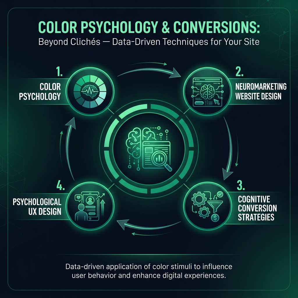 Color Psychology & Conversions: Beyond Clichés — Data-Driven Techniques for Your Site infographic showing color psychology, neuromarketing website design, cognitive conversion strategies for digital marketing