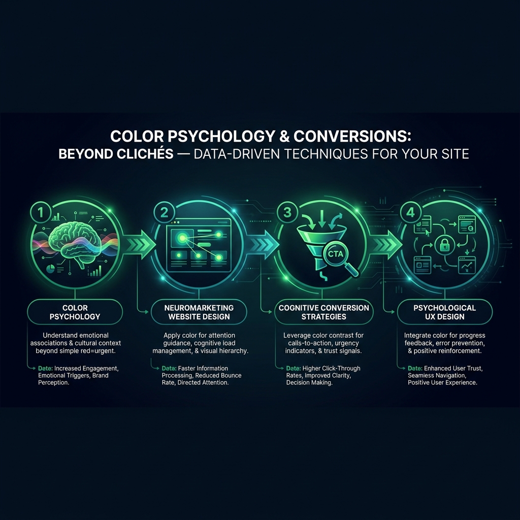 Color Psychology & Conversions: Beyond Clichés — Data-Driven Techniques for Your Site infographic showing color psychology, neuromarketing website design, cognitive conversion strategies for digital marketing