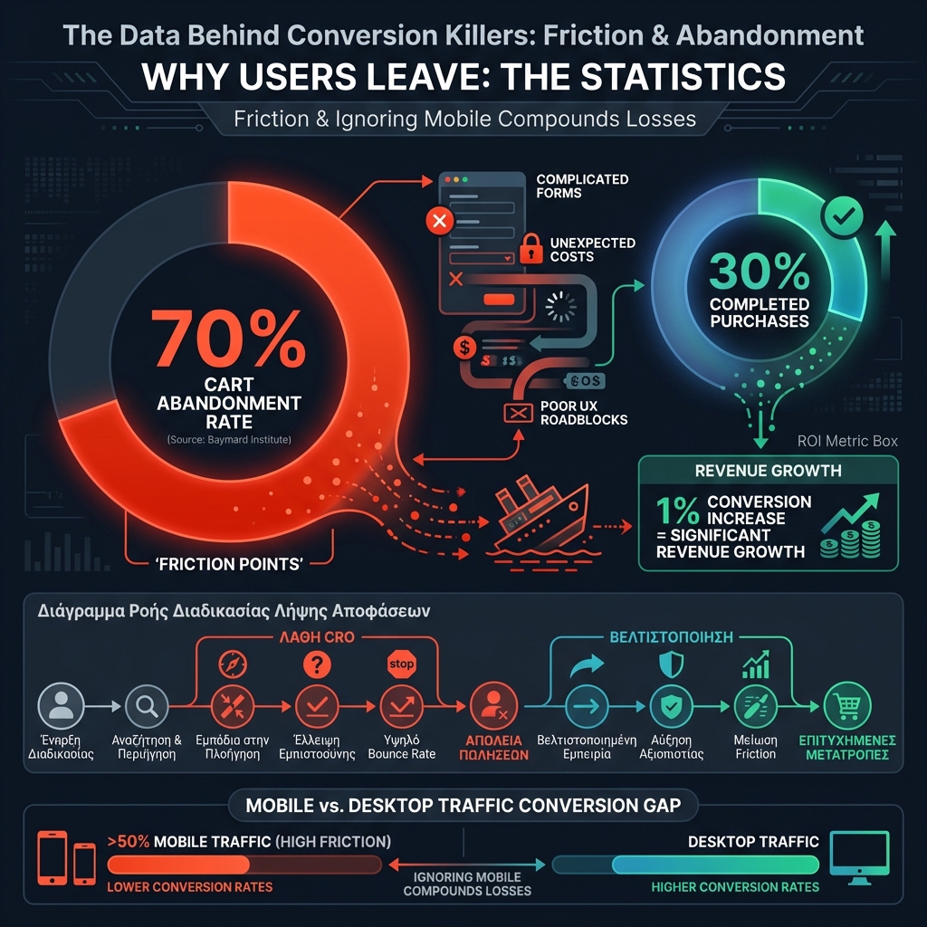 Στατιστικό infographic που απεικονίζει δεδομένα CRO και digital marketing. Κεντρικό κυκλικό διάγραμμα που δείχνει ποσοστό εγκατάλειψης καλαθιού 70% λόγω τριβής στη διαδικασία αγοράς. Δευτερεύον γράφημα που συγκρίνει την κίνηση από κινητά (πάνω από 50%) με αυτή των υπολογιστών. Το γράφημα τονίζει τη σημασία της ψυχολογίας του χρήστη για τη μείωση του bounce rate.