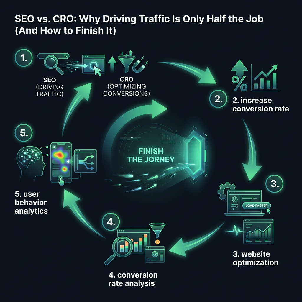 SEO vs. CRO: Why Driving Traffic Is Only Half the Job (And How to Finish It) infographic showing SEO vs CRO, increase conversion rate, website optimization for digital marketing