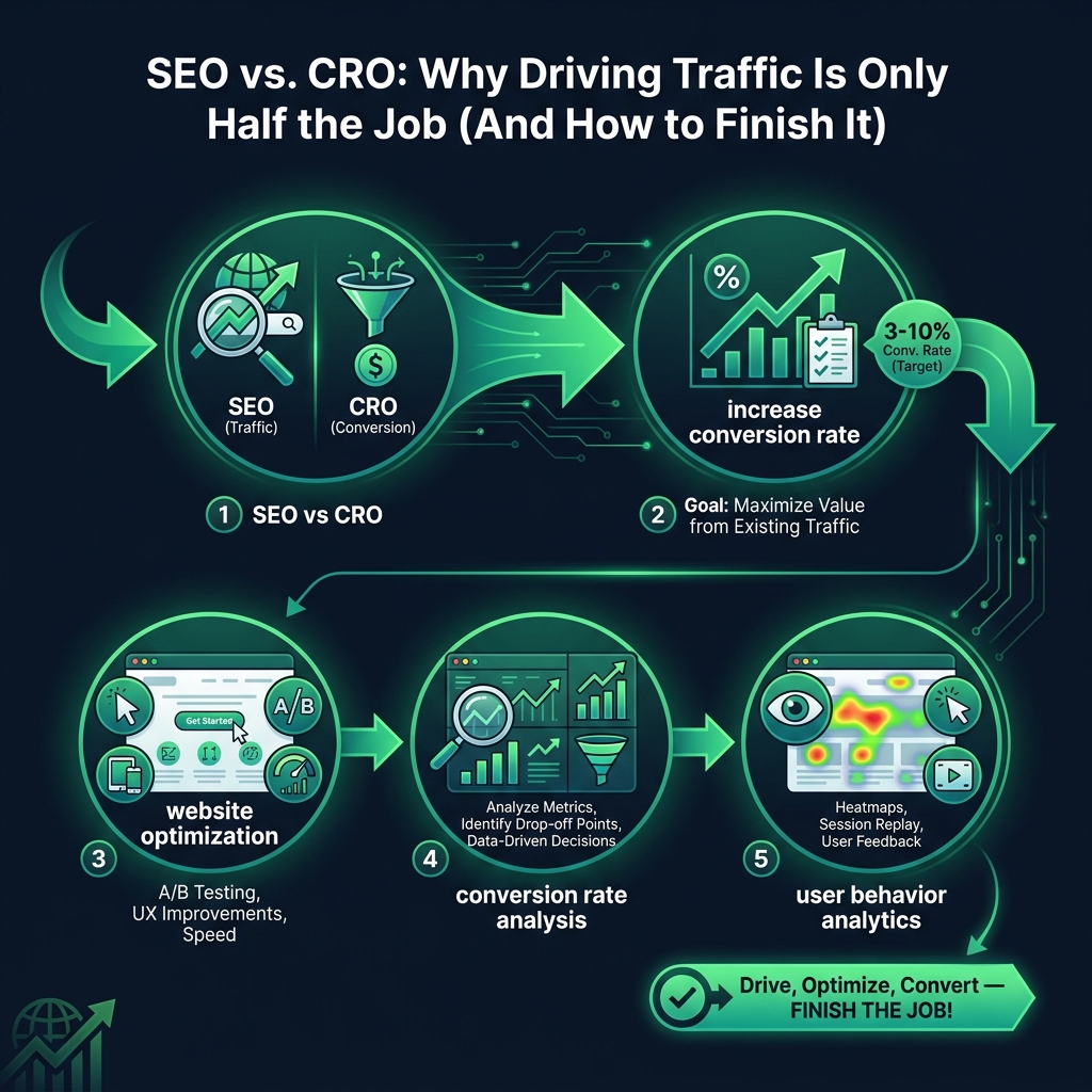 SEO vs. CRO: Why Driving Traffic Is Only Half the Job (And How to Finish It) infographic showing SEO vs CRO, increase conversion rate, website optimization for digital marketing