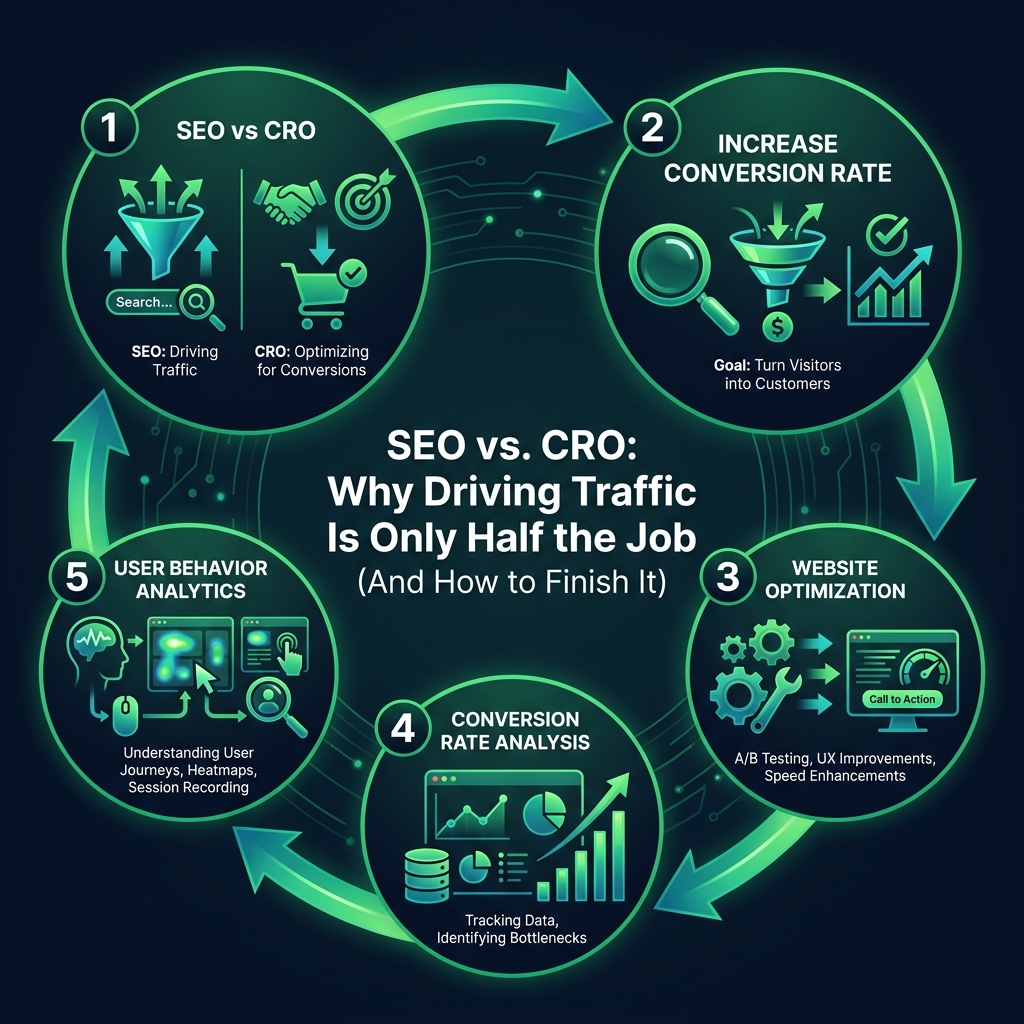 SEO vs. CRO: Why Driving Traffic Is Only Half the Job (And How to Finish It) infographic showing SEO vs CRO, increase conversion rate, website optimization for digital marketing