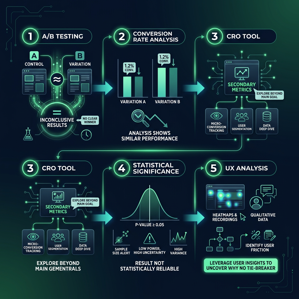 A/B Test Tie: What Inconclusive Results Mean and How to Save Your Experiment infographic showing A/B testing, conversion rate analysis, CRO tool for digital marketing