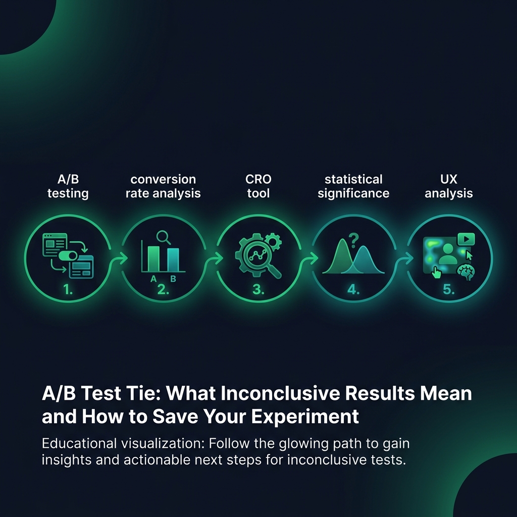 A/B Test Tie: What Inconclusive Results Mean and How to Save Your Experiment infographic showing A/B testing, conversion rate analysis, CRO tool for digital marketing