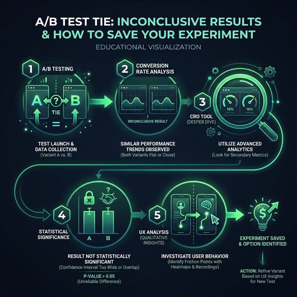 A/B Test Tie: What Inconclusive Results Mean and How to Save Your Experiment infographic showing A/B testing, conversion rate analysis, CRO tool for digital marketing
