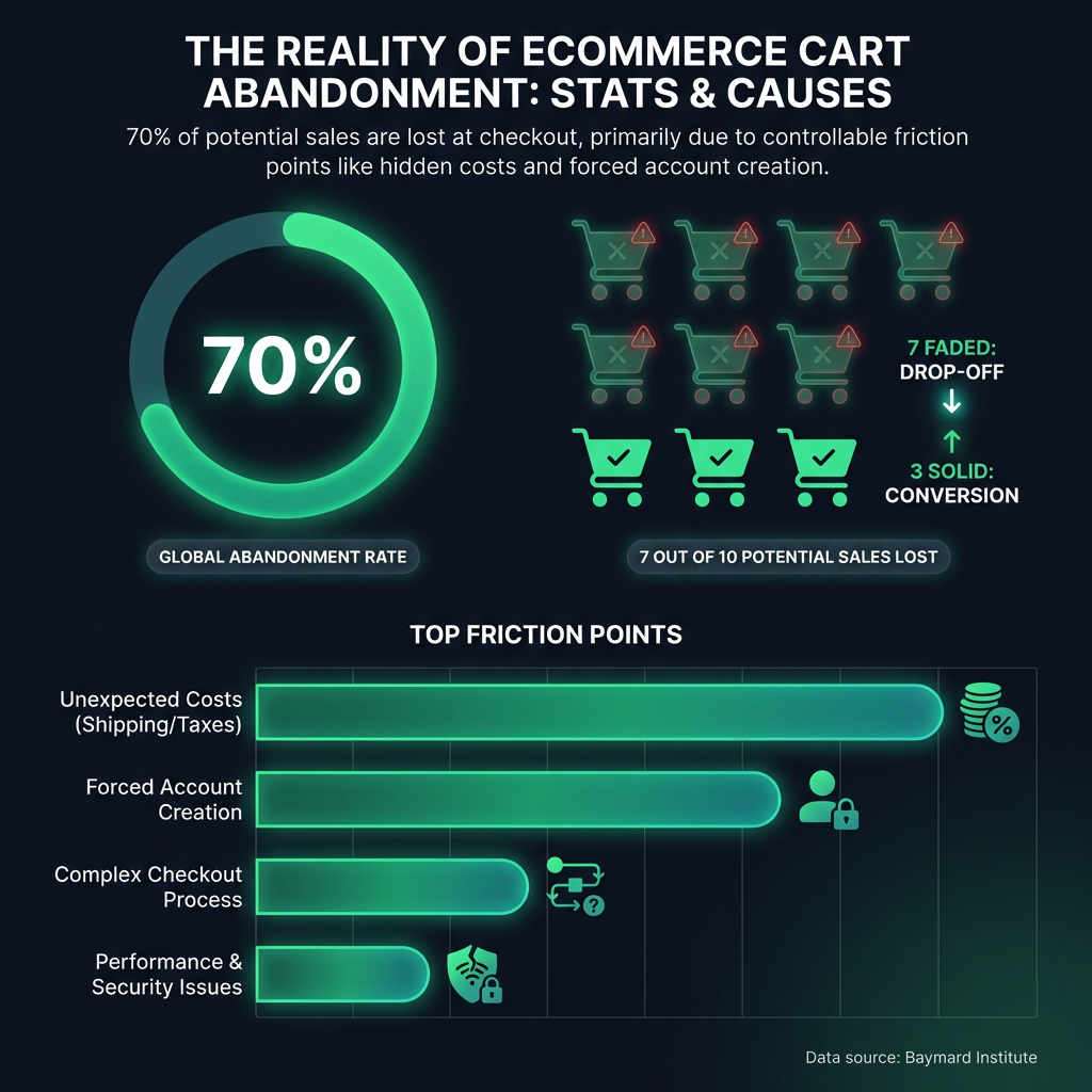 Στατιστικό γράφημα (infographic) που δείχνει ότι το 70% των καλαθιών αγορών εγκαταλείπεται παγκοσμίως, σύμφωνα με το Baymard Institute. Το γράφημα απεικονίζει 7 στα 10 καλάθια ως χαμένα και παρουσιάζει σε ραβδόγραμμα τους κύριους λόγους εγκατάλειψης: απρόσμενα κόστη, υποχρεωτική δημιουργία λογαριασμού, πολύπλοκη διαδικασία και θέματα ασφάλειας.