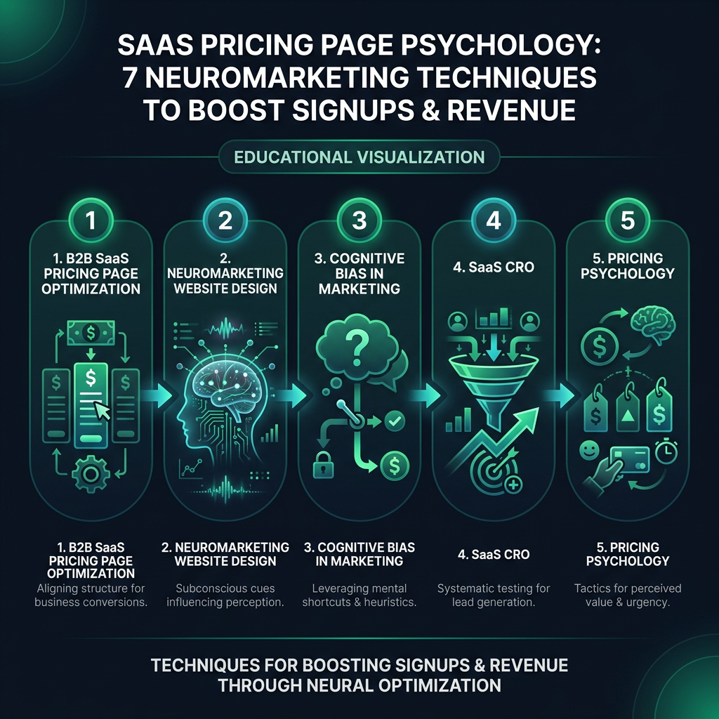 SaaS Pricing Page Psychology: 7 Neuromarketing Techniques to Boost Signups & Revenue infographic showing B2B SaaS pricing page optimization, neuromarketing website design, cognitive bias in marketing for digital marketing