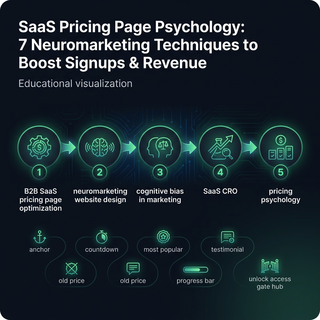 SaaS Pricing Page Psychology: 7 Neuromarketing Techniques to Boost Signups & Revenue infographic showing B2B SaaS pricing page optimization, neuromarketing website design, cognitive bias in marketing for digital marketing