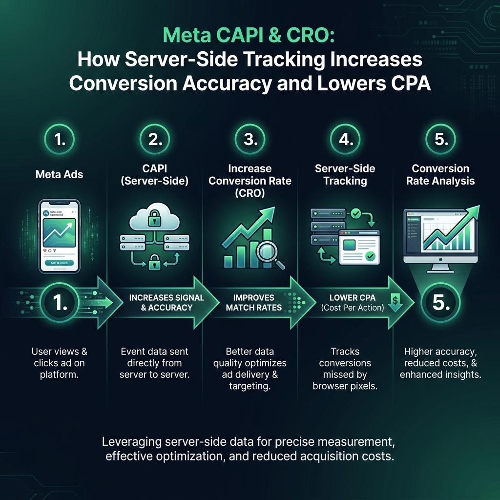 Meta CAPI & CRO: How Server-Side Tracking Increases Conversion Accuracy and Lowers CPA infographic showing Meta Ads, CAPI, increase conversion rate for digital marketing