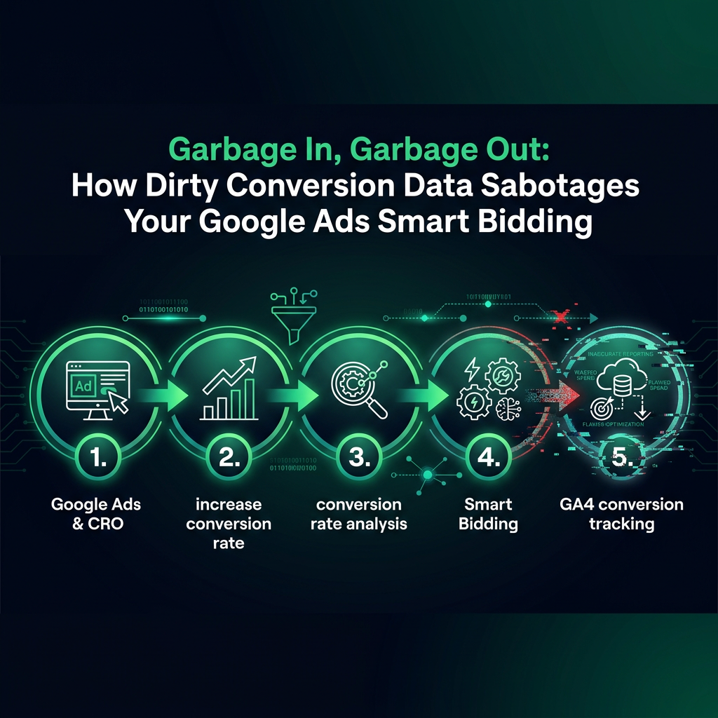 Garbage In, Garbage Out: How Dirty Conversion Data Sabotages Your Google Ads Smart Bidding infographic showing Google Ads & CRO, increase conversion rate, conversion rate analysis for digital marketing