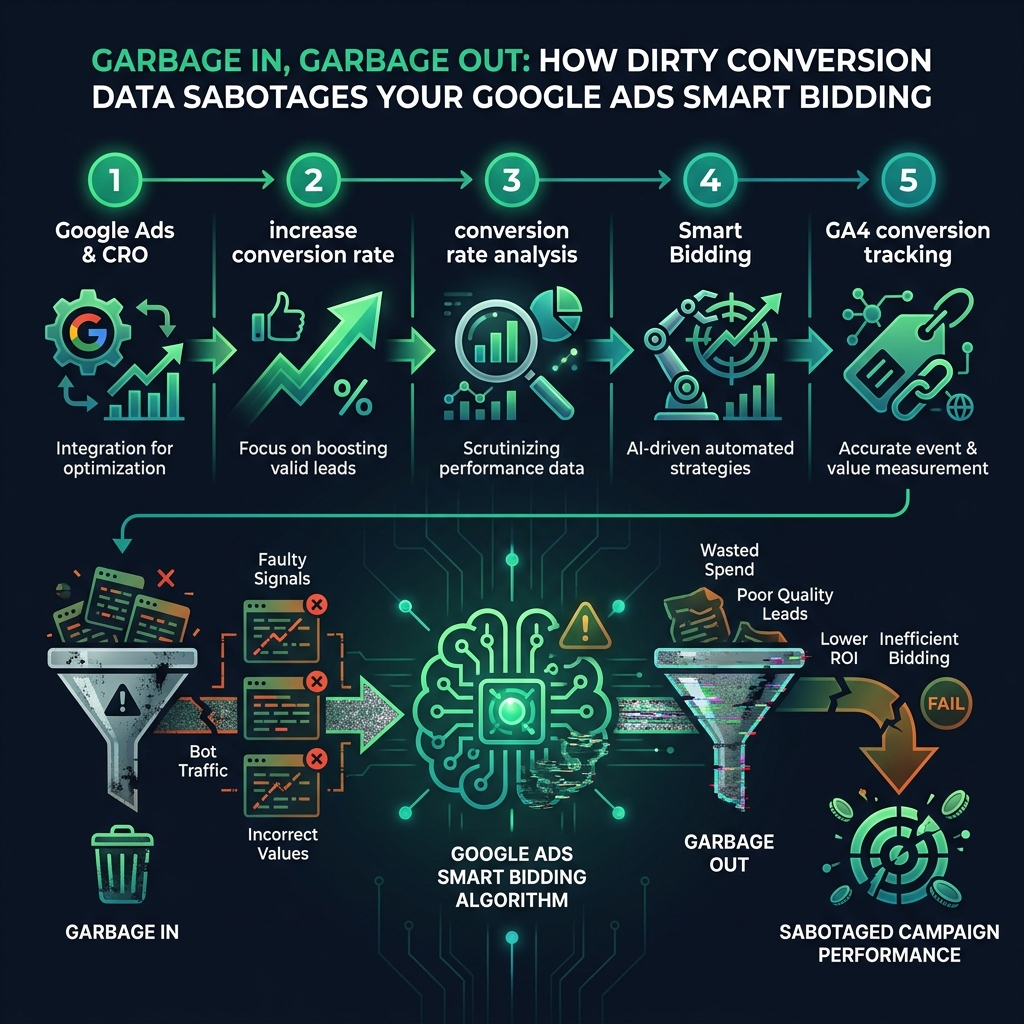 Garbage In, Garbage Out: How Dirty Conversion Data Sabotages Your Google Ads Smart Bidding infographic showing Google Ads & CRO, increase conversion rate, conversion rate analysis for digital marketing