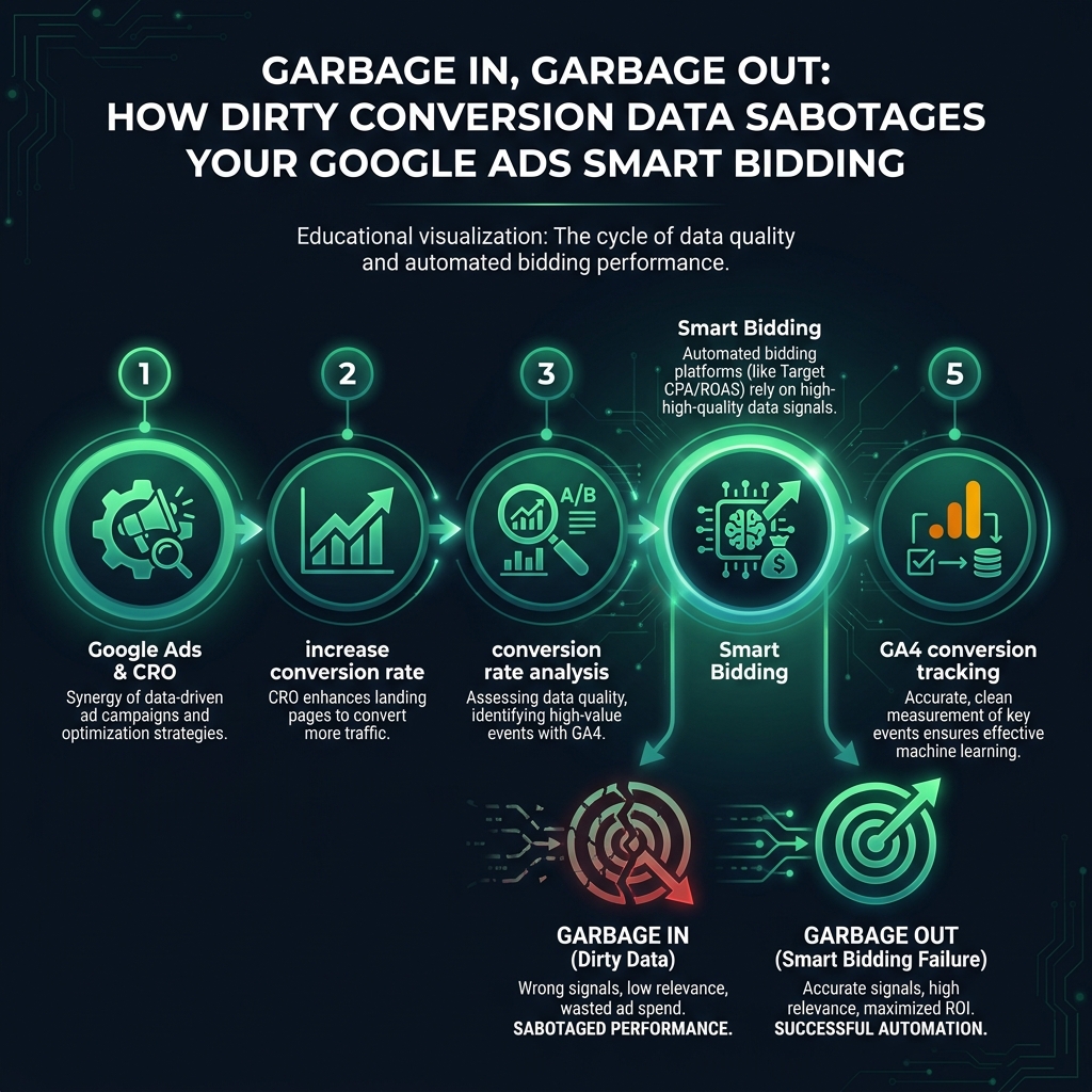 Garbage In, Garbage Out: How Dirty Conversion Data Sabotages Your Google Ads Smart Bidding infographic showing Google Ads & CRO, increase conversion rate, conversion rate analysis for digital marketing