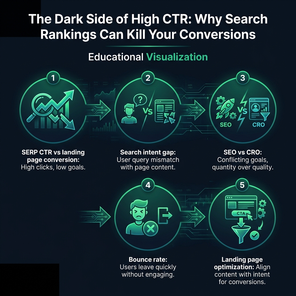 The Dark Side of High CTR: Why Search Rankings Can Kill Your Conversions infographic showing SERP CTR vs landing page conversion, search intent gap, SEO vs CRO for digital marketing