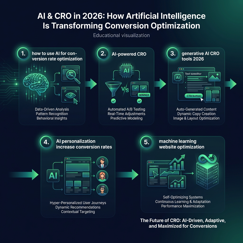 AI & CRO in 2026: How Artificial Intelligence Is Transforming Conversion Optimization infographic showing how to use AI for conversion rate optimization, AI-powered CRO, generative AI CRO tools 2026 for digital marketing