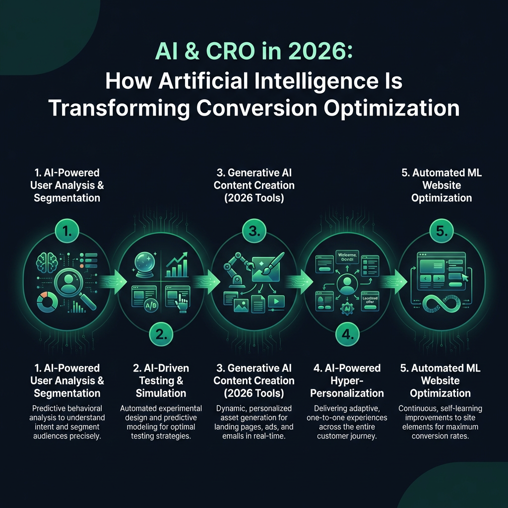AI & CRO in 2026: How Artificial Intelligence Is Transforming Conversion Optimization infographic showing how to use AI for conversion rate optimization, AI-powered CRO, generative AI CRO tools 2026 for digital marketing