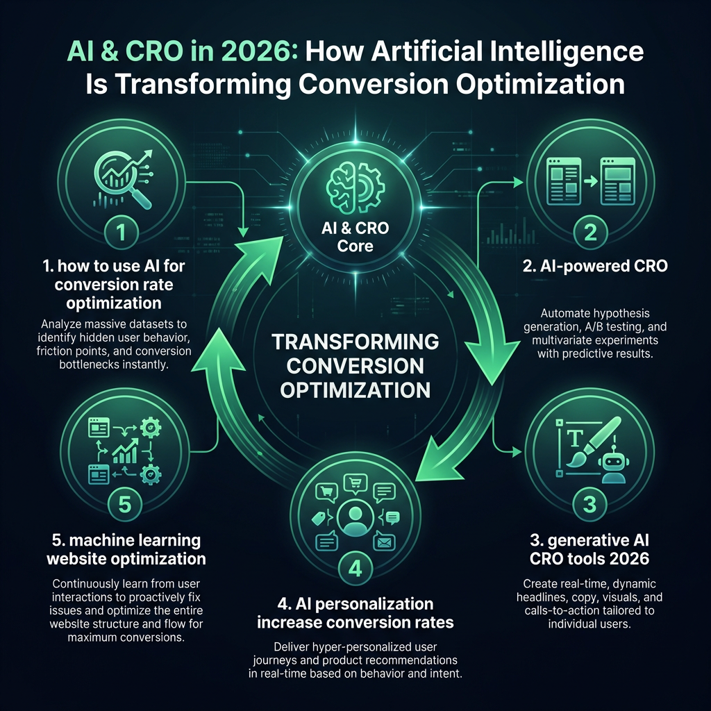 AI & CRO in 2026: How Artificial Intelligence Is Transforming Conversion Optimization infographic showing how to use AI for conversion rate optimization, AI-powered CRO, generative AI CRO tools 2026 for digital marketing