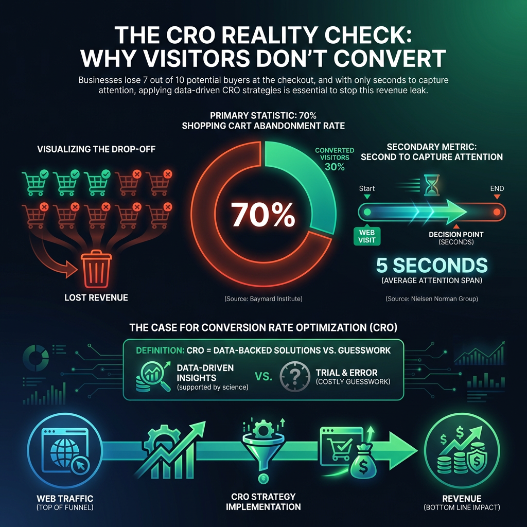 Στατιστικό infographic που εξηγεί τι είναι το CRO (βελτιστοποίηση μετατροπών). Κεντρικό κυκλικό διάγραμμα που δείχνει ότι το 70% των καλαθιών αγορών εγκαταλείπεται, βασισμένο σε στοιχεία του Baymard Institute. Περιλαμβάνει ένδειξη για τον ελάχιστο χρόνο προσοχής των χρηστών σύμφωνα με το Nielsen Norman Group, τονίζοντας τη σημασία του digital marketing για την αύξηση των πωλήσεων.