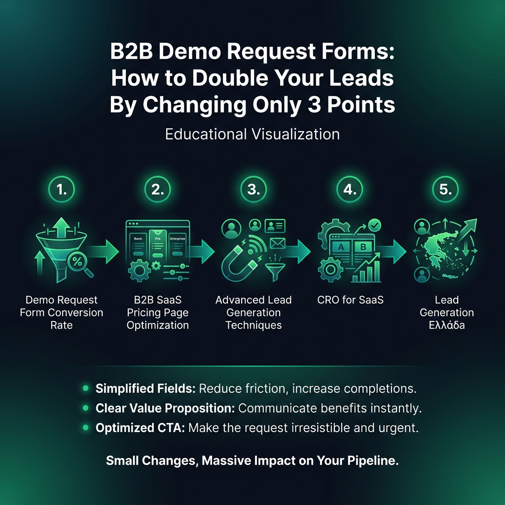 B2B Demo Request Forms: Πώς να Διπλασιάσετε τα Leads σας Αλλάζοντας Μόνο 3 Σημεία infographic showing demo request form conversion rate, B2B SaaS pricing page optimization, advanced lead generation techniques for digital marketing