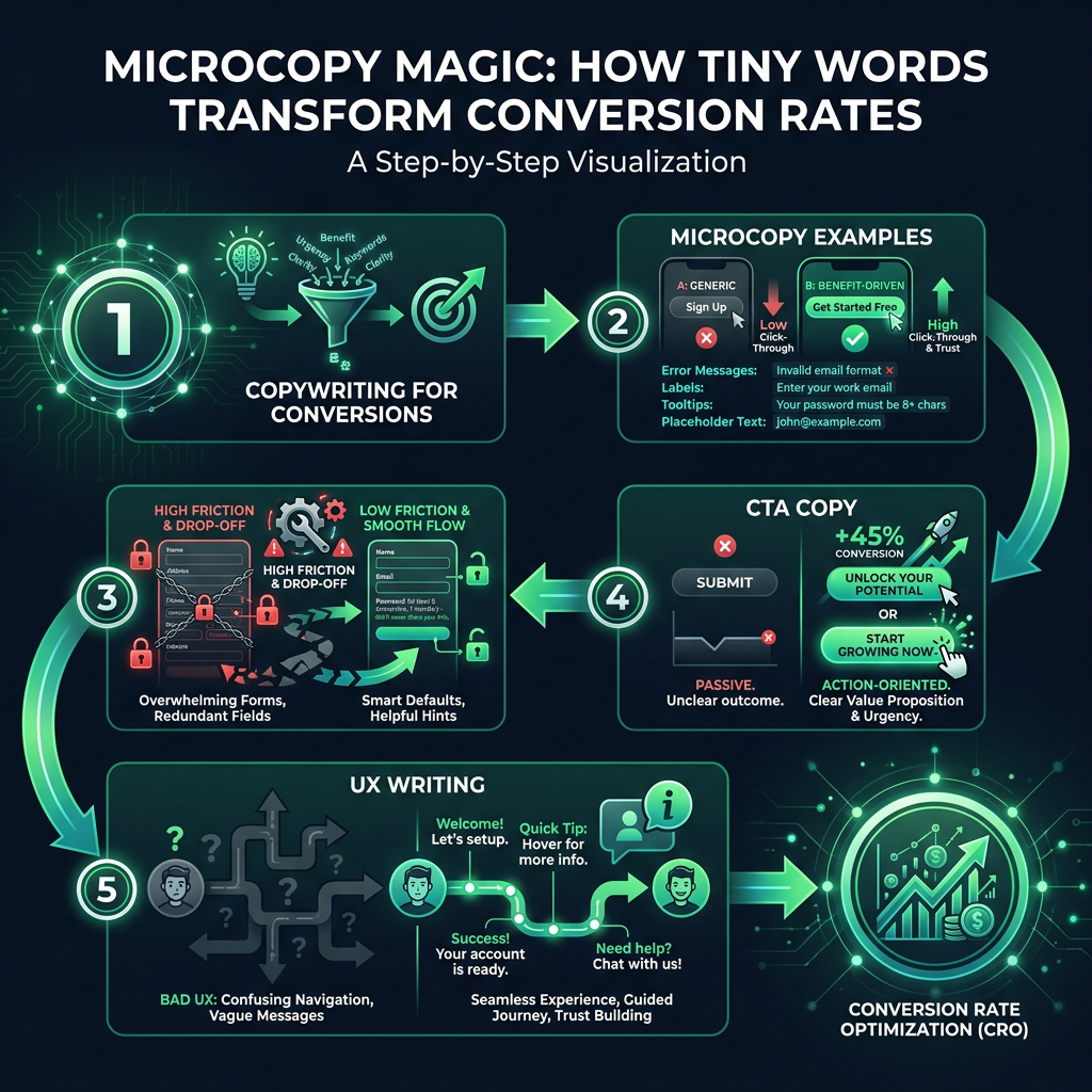 Microcopy Magic: How Tiny Words Transform Conversion Rates infographic showing copywriting for conversions, microcopy examples, form friction for digital marketing