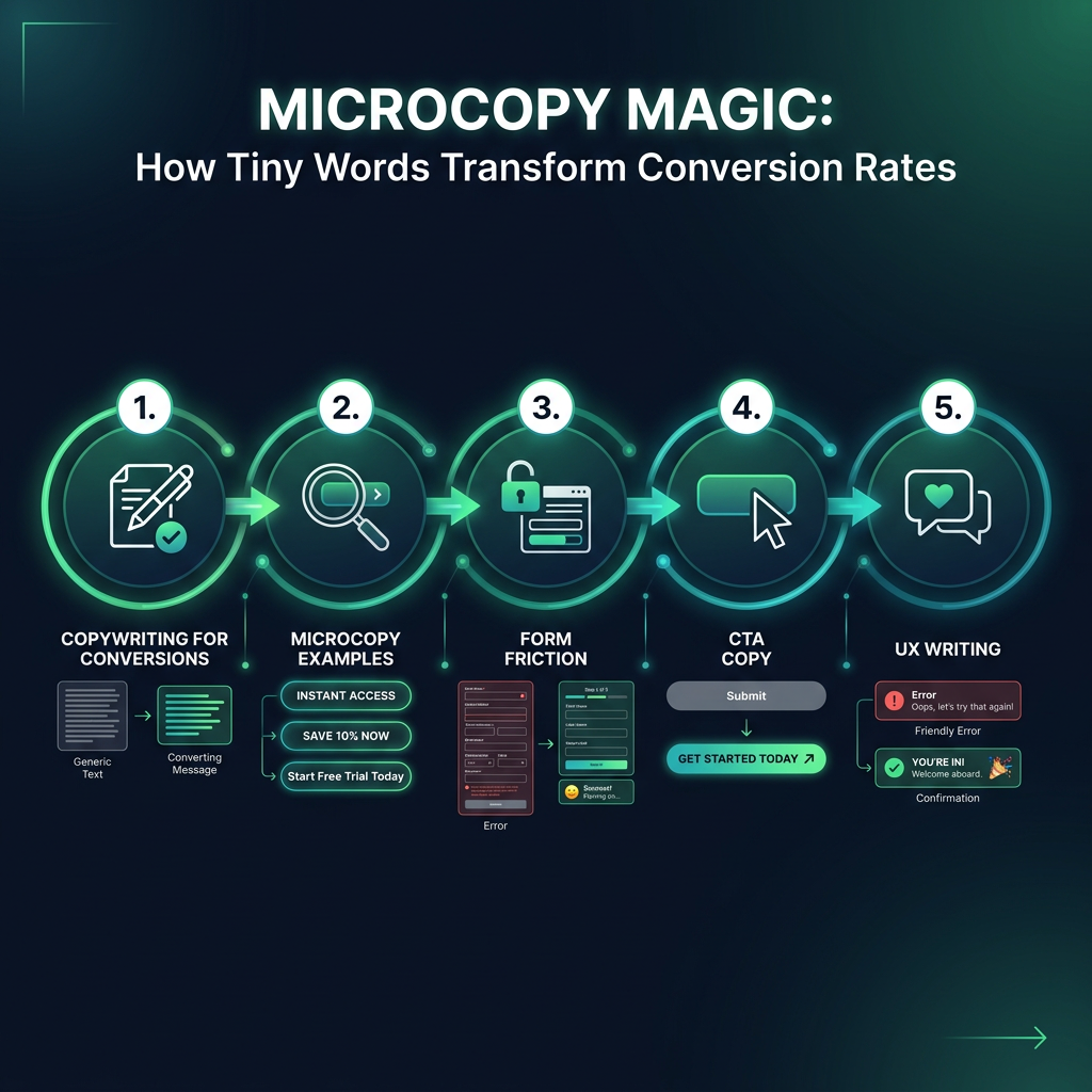 Microcopy Magic: How Tiny Words Transform Conversion Rates infographic showing copywriting for conversions, microcopy examples, form friction for digital marketing