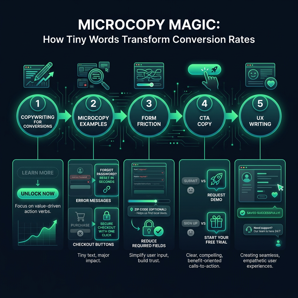 Microcopy Magic: How Tiny Words Transform Conversion Rates infographic showing copywriting for conversions, microcopy examples, form friction for digital marketing