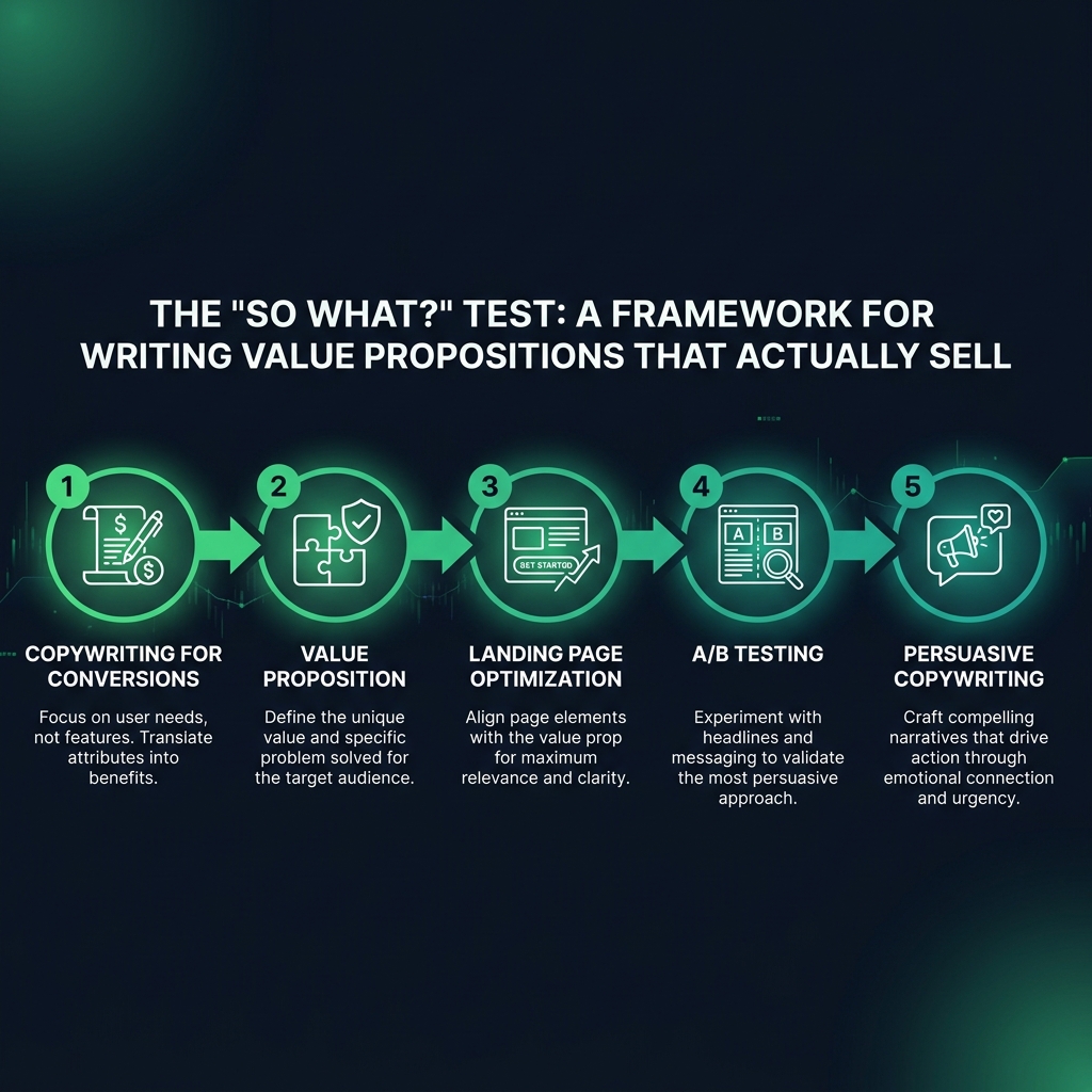 The 'So What?' Test: A Framework for Writing Value Propositions That Actually Sell infographic showing copywriting for conversions, value proposition, landing page optimization for digital marketing