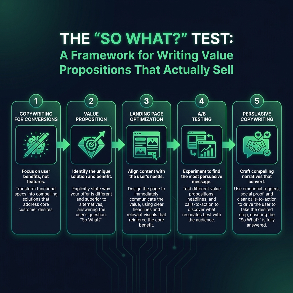 The 'So What?' Test: A Framework for Writing Value Propositions That Actually Sell infographic showing copywriting for conversions, value proposition, landing page optimization for digital marketing